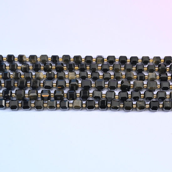 Gold Obsidian Faceted Cube Beads in glassy black with olive-gold shimmer