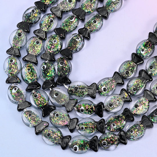 Iridescent Black Green Fish Glass Beads, 15.5 inch strand