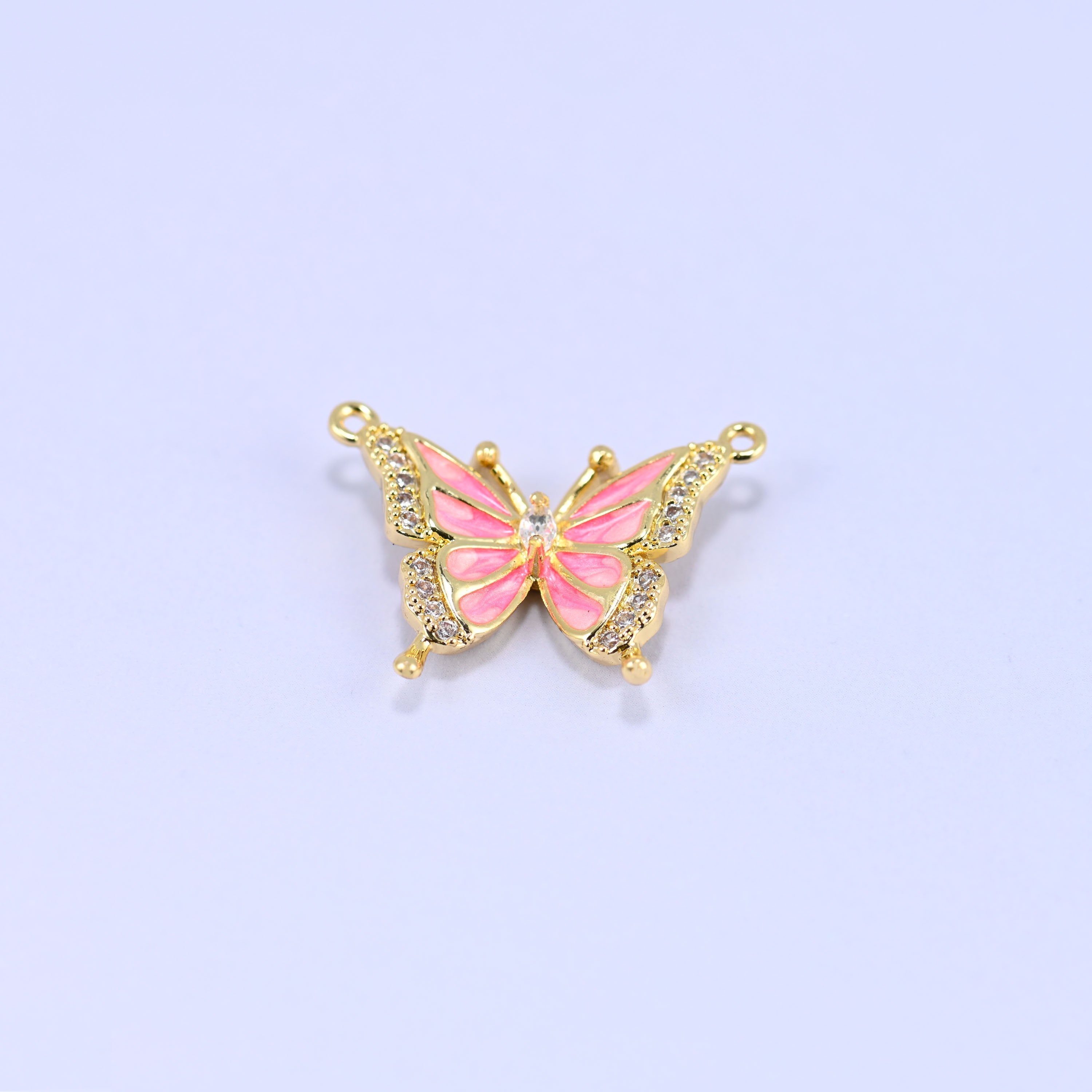 Enamel Pink Butterfly Zircon Pendants: 18K Gold Plated Double Connector, Jewelry Making Supply