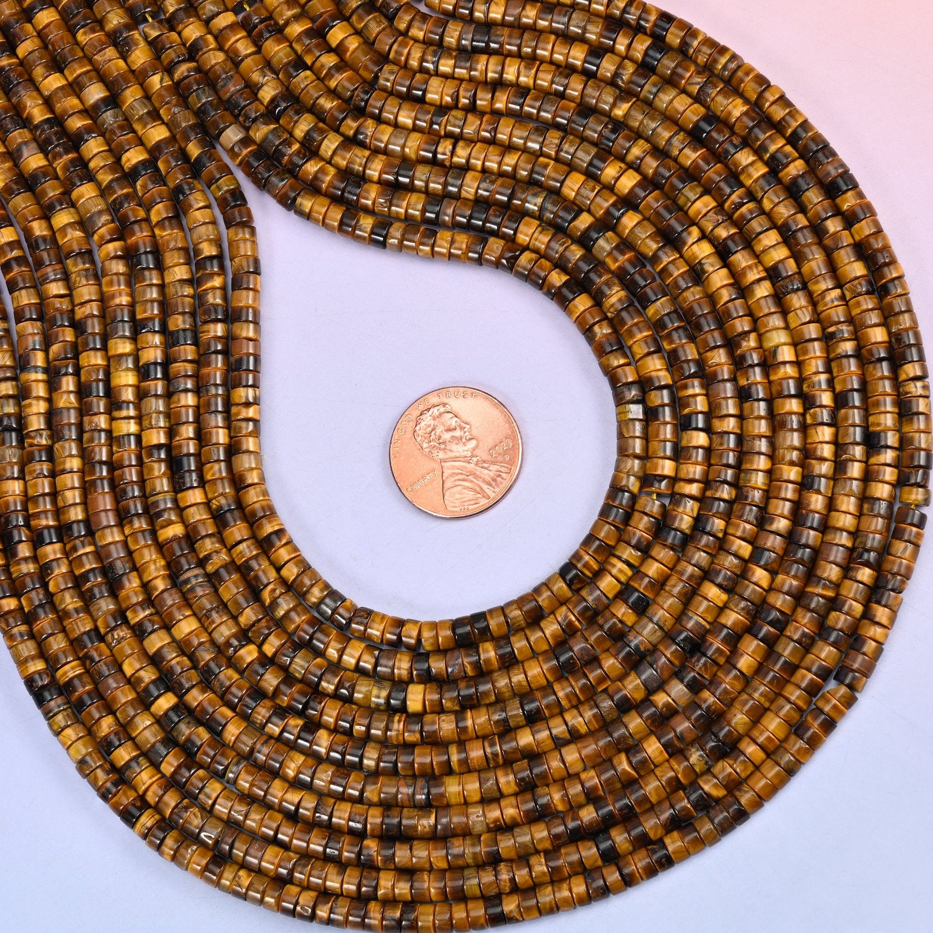 Tiger Eye Smooth Heishi Disc Beads, approximately 180 beads per strand