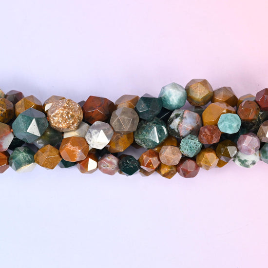 Ocean Agate Faceted Diamond Star Cut Beads, a rich earth-and-sea mix of deep teal, sea green, mustard ochre, brick red, plum, grey and cream