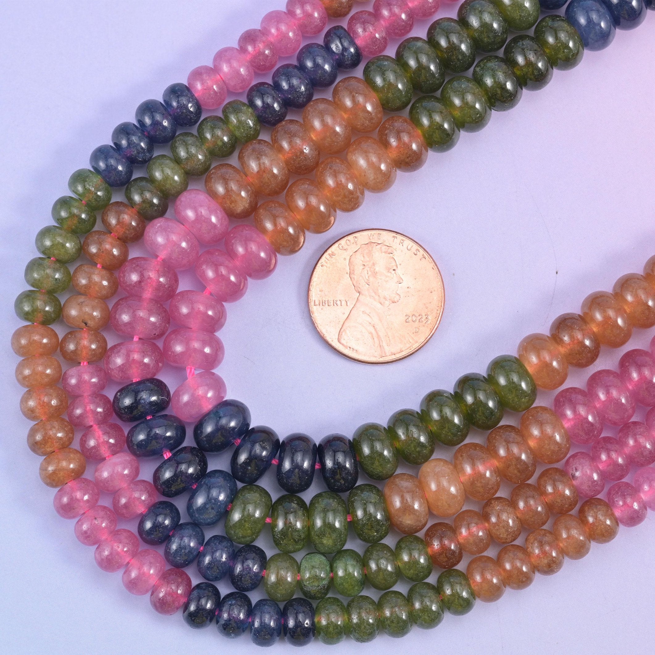 Tourmaline color dyed jade rondelle beads, 15 inch strand