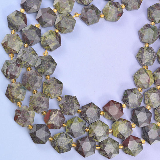 Dragon bloodstone hexagon beads, approximately 27 beads per strand