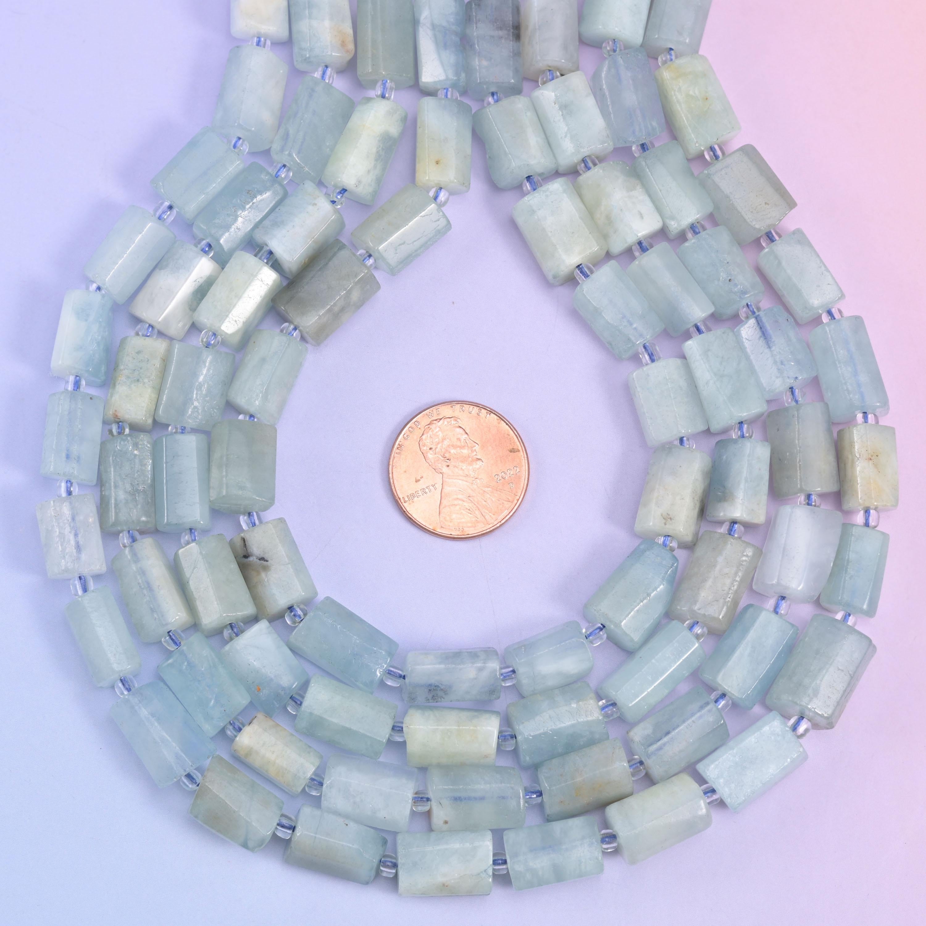 Natural Aquamarine faceted tube cylinder beads, center drilled for jewelry making