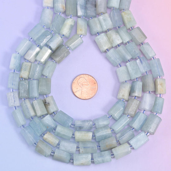 Natural Aquamarine faceted tube cylinder beads, center drilled for jewelry making