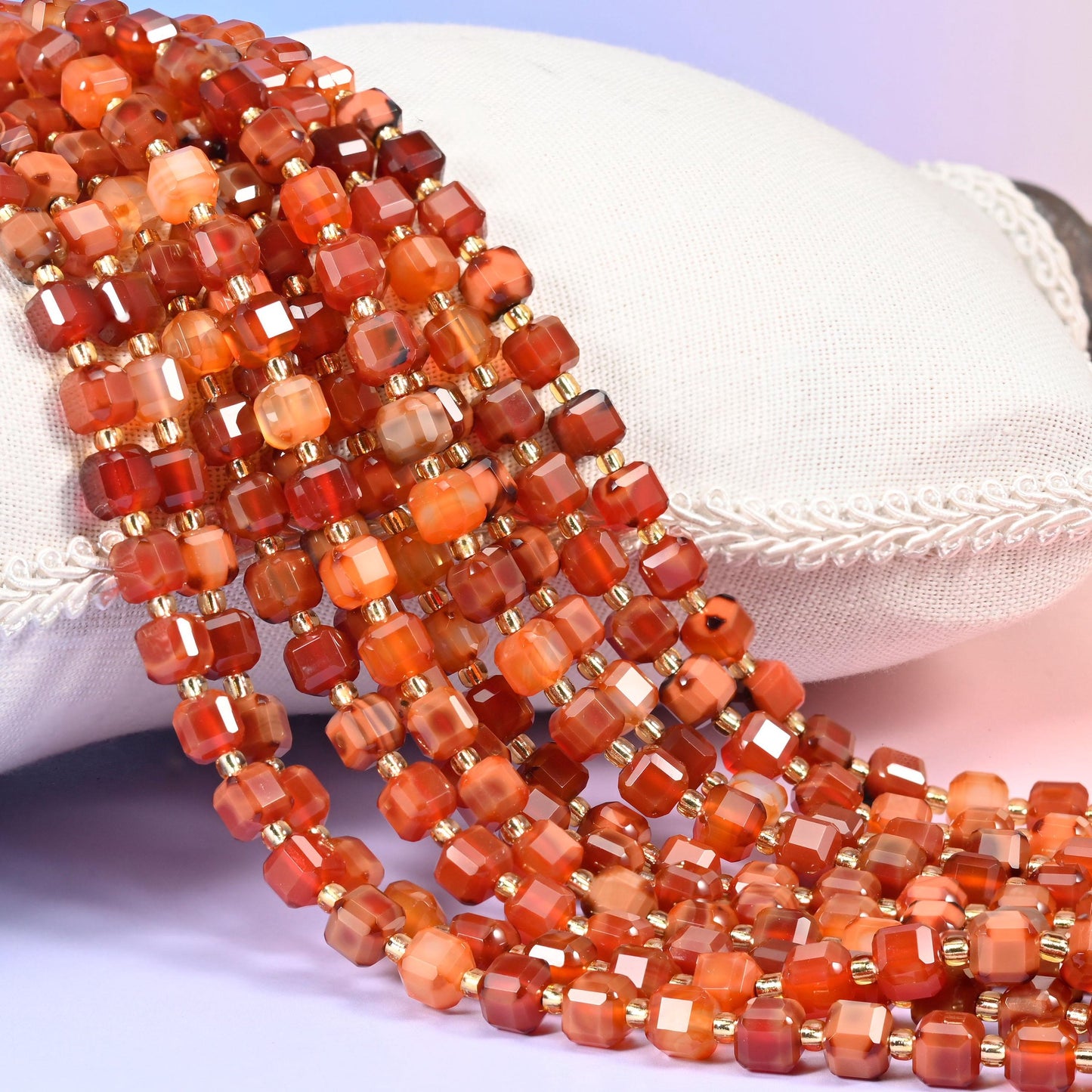 Red Agate Faceted Cube Beads, warm rust and brick red banded with cream and honey