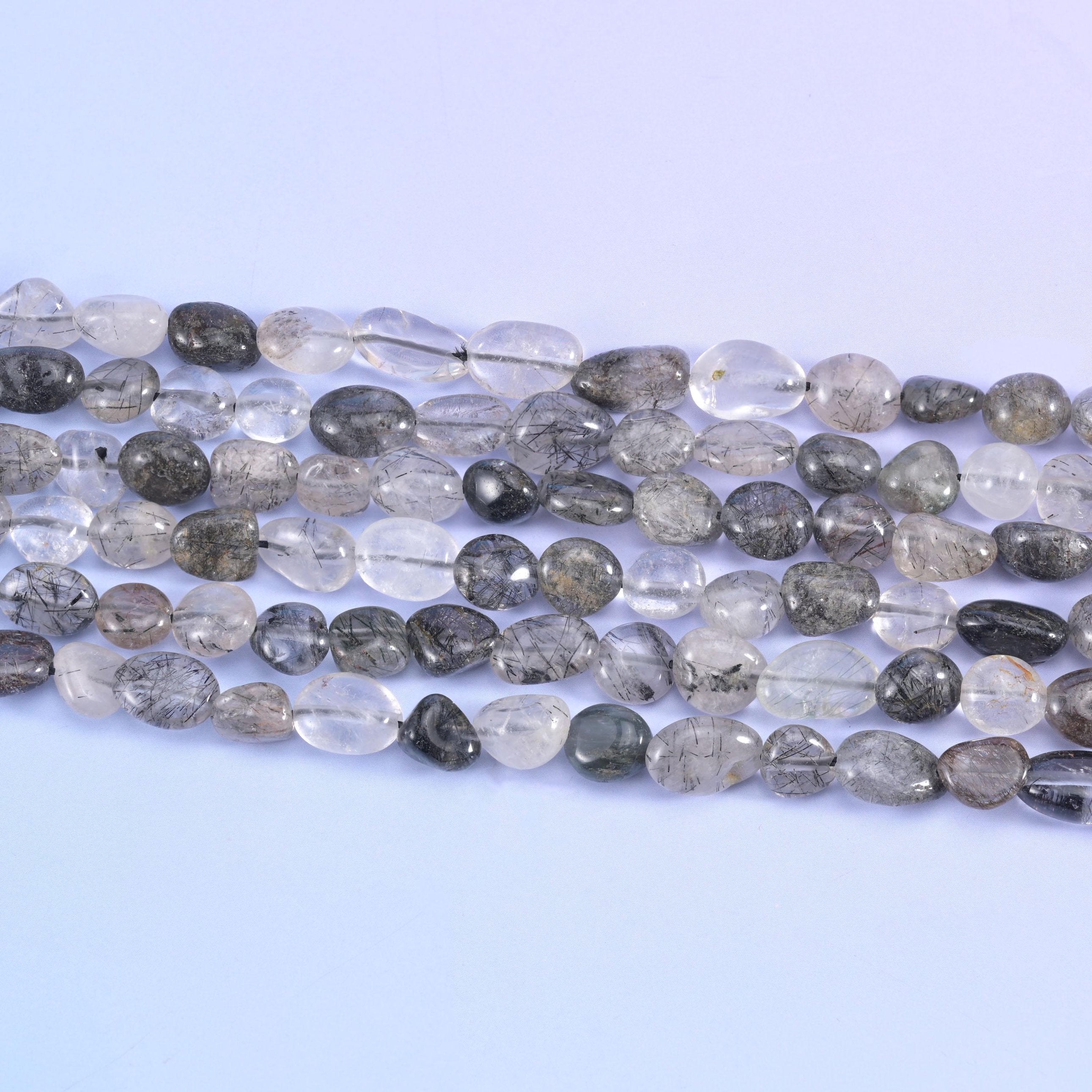 Black Rutilated Quartz Pebble Beads 6-8mm 8-12mm Jewelry Making 15.5" Strand