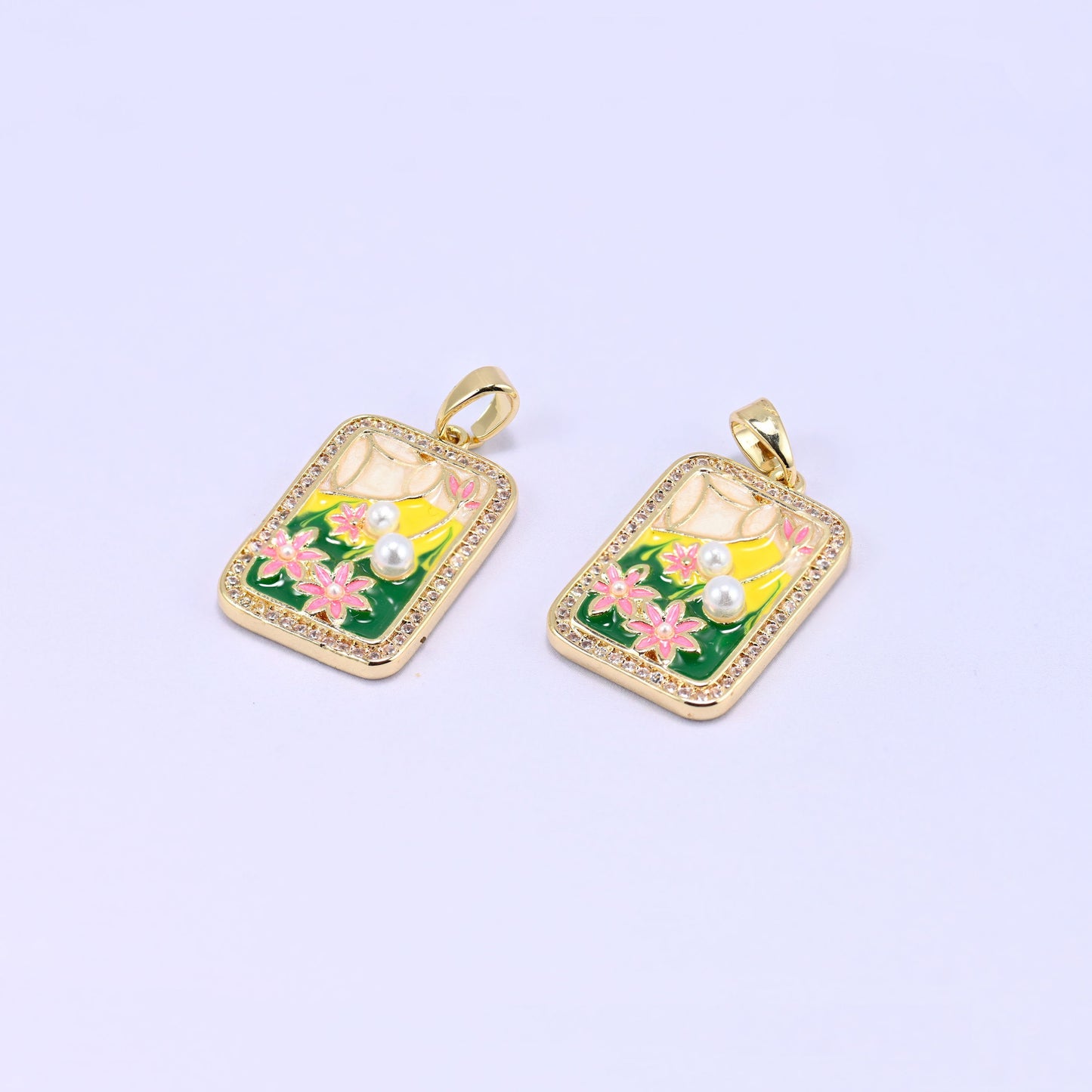 Flower Rectangle Charm Pendant, sold individually, 1 piece per order