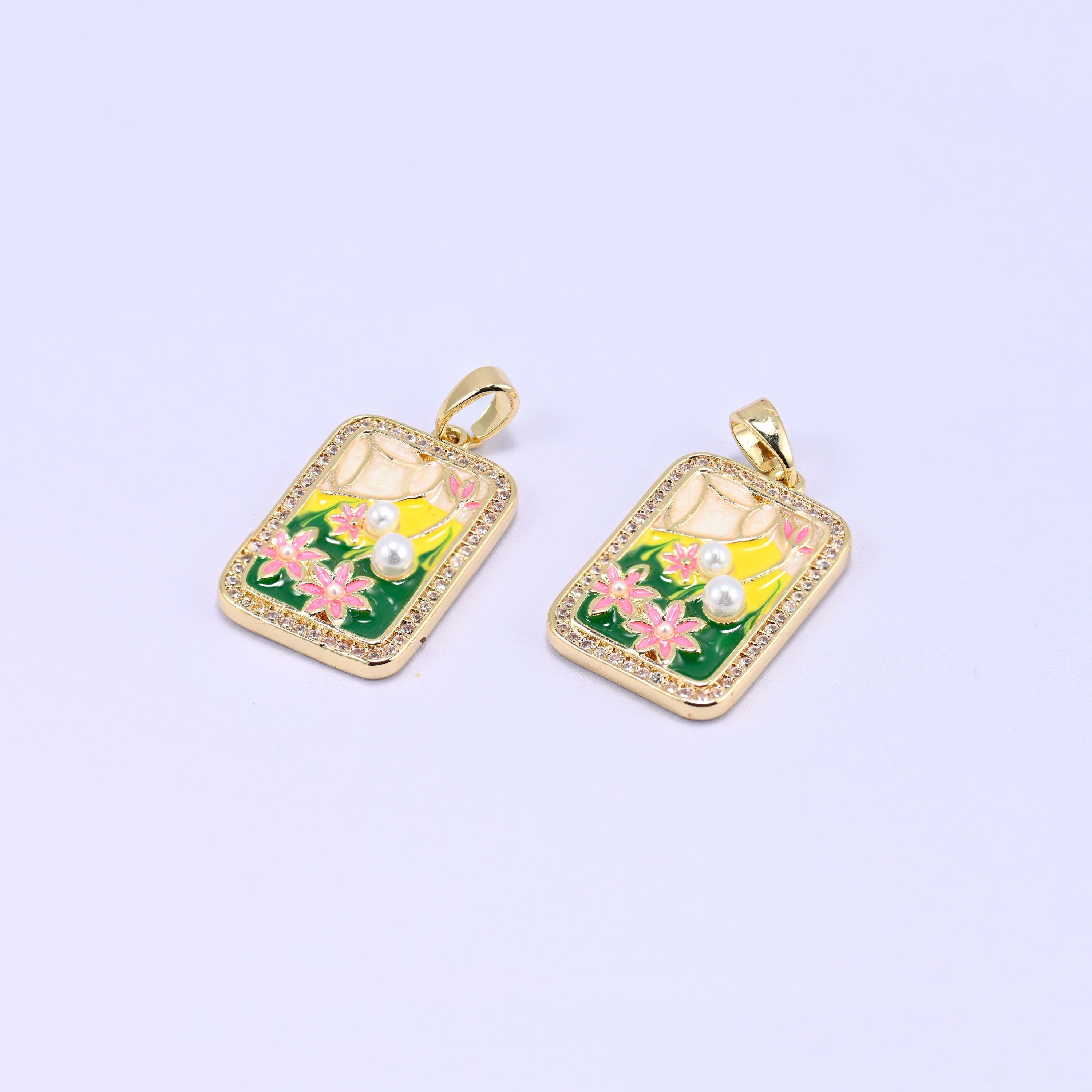 Flower Rectangle Charm Pendant, sold individually, 1 piece per order