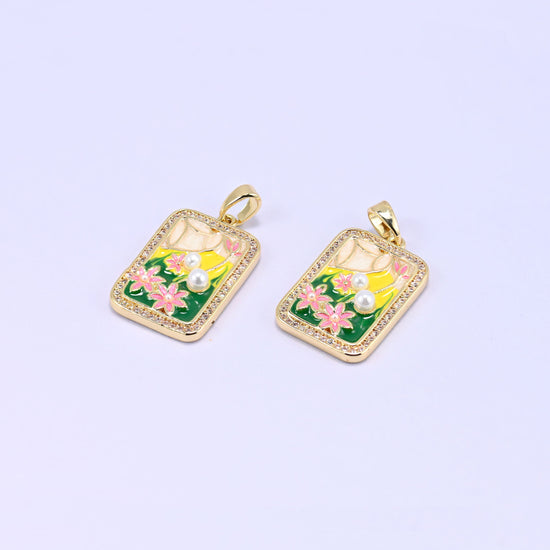 Flower Rectangle Charm Pendant, sold individually, 1 piece per order