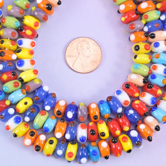 Multi-Color Dotted Donut Glass Beads, opaque lampwork rondelles in red, cobalt, orange, yellow, sky blue, cream, grey and white