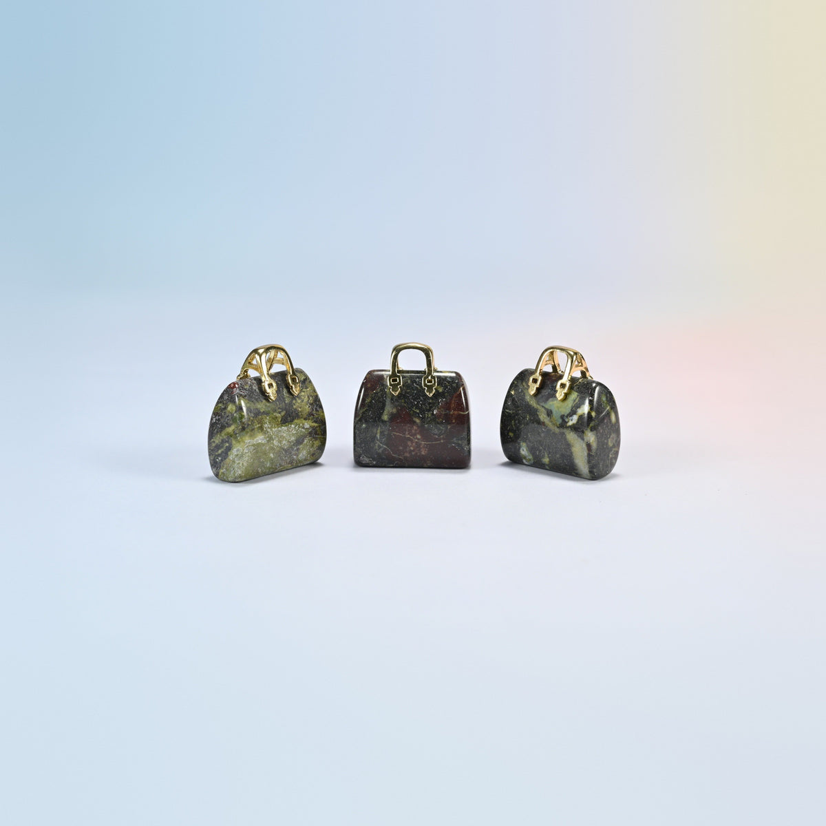 Three dragon bloodstone purse crystal carvings, 1 inch, dark green natural stone with red patches, gold-tone handle