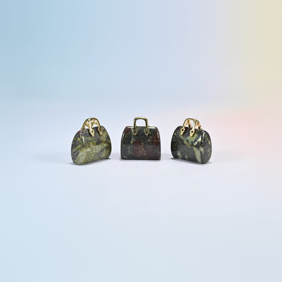 Three dragon bloodstone purse crystal carvings, 1 inch, dark green natural stone with red patches, gold-tone handle