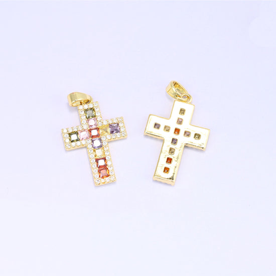 Zirconia cross charm and its reverse, showing the open setting behind each coloured stone