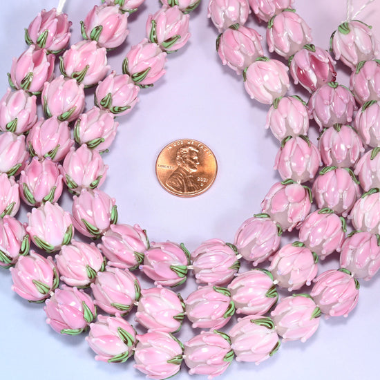Pink tulip flower bud lampwork glass beads, approximately 20 beads per strand
