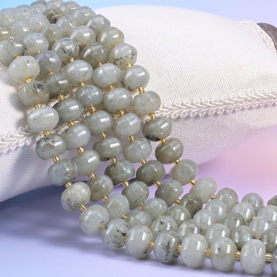 Gray Labradorite Pumpkin Rondelle Beads, natural stone with blue and silver flash
