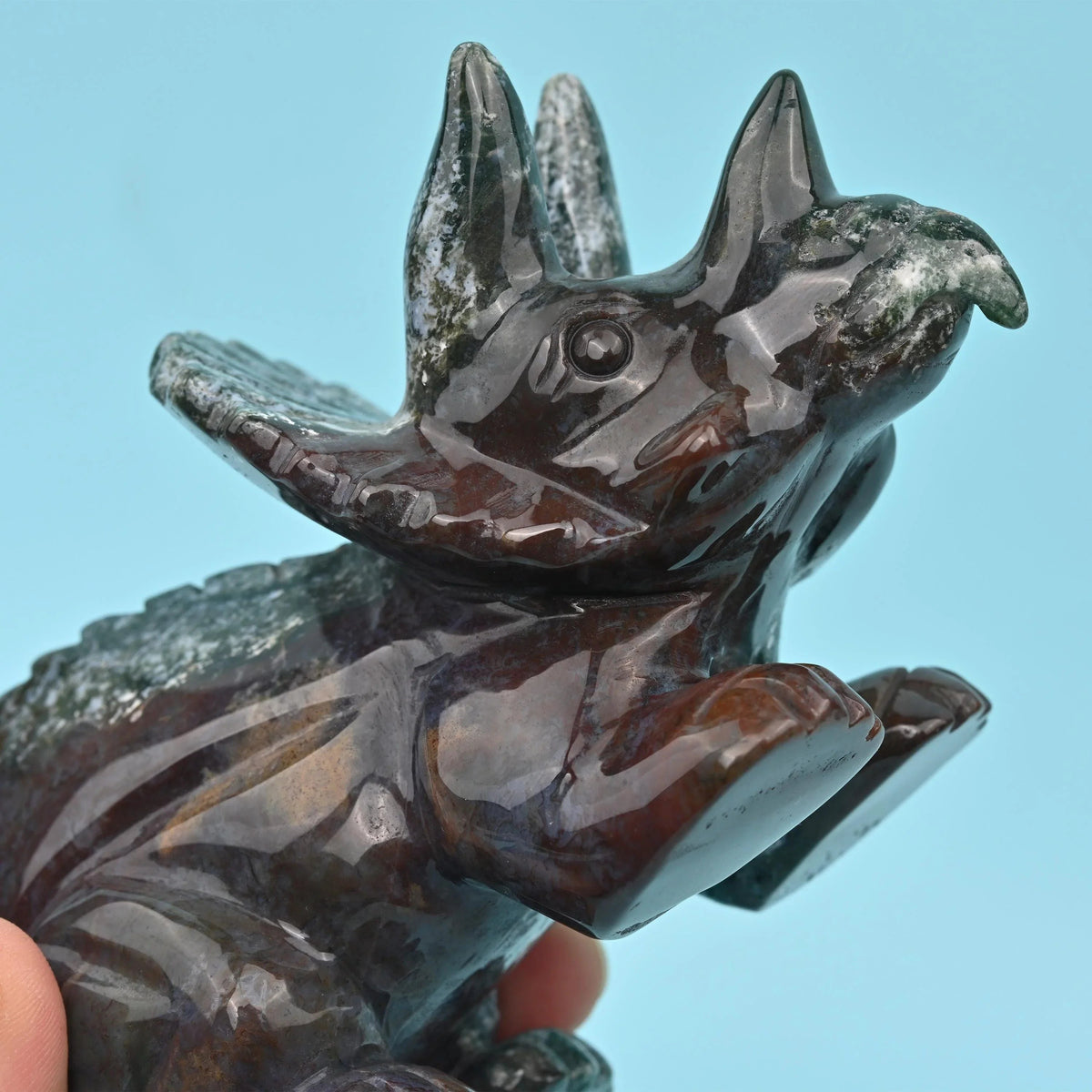 Indian Agate Triceratops Dinosaur Carving, 2.2 inches wide, 3 inches high.