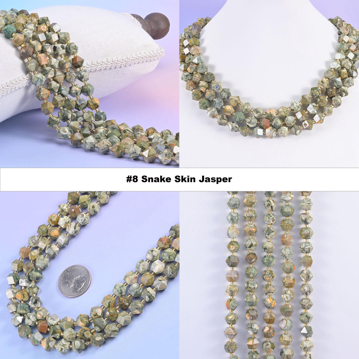 Faceted 8 sides diamond rhombus beads in snake skin jasper, option 8 shown in four views, olive green with light cream mottling.