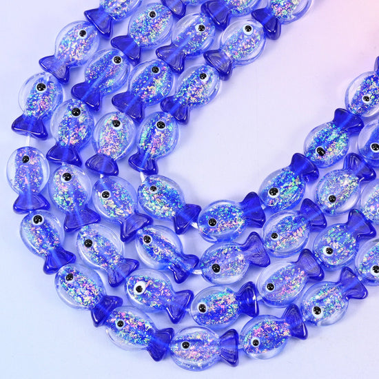 Iridescent Dark Blue Fish Glass Beads, 15.5 inch strand