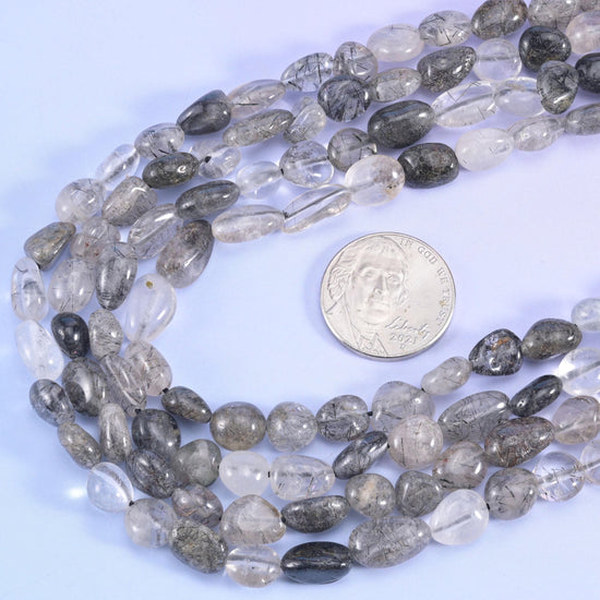 Black Rutilated Quartz Pebble Beads 6-8mm 8-12mm Jewelry Making 15.5" Strand