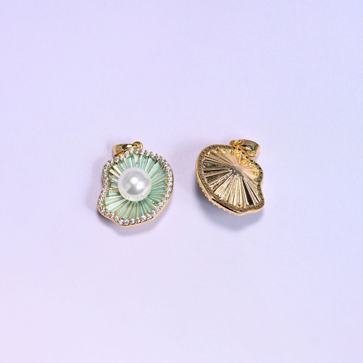 Shell Pearl Zircon Charms with a ribbed mint green enamel shell