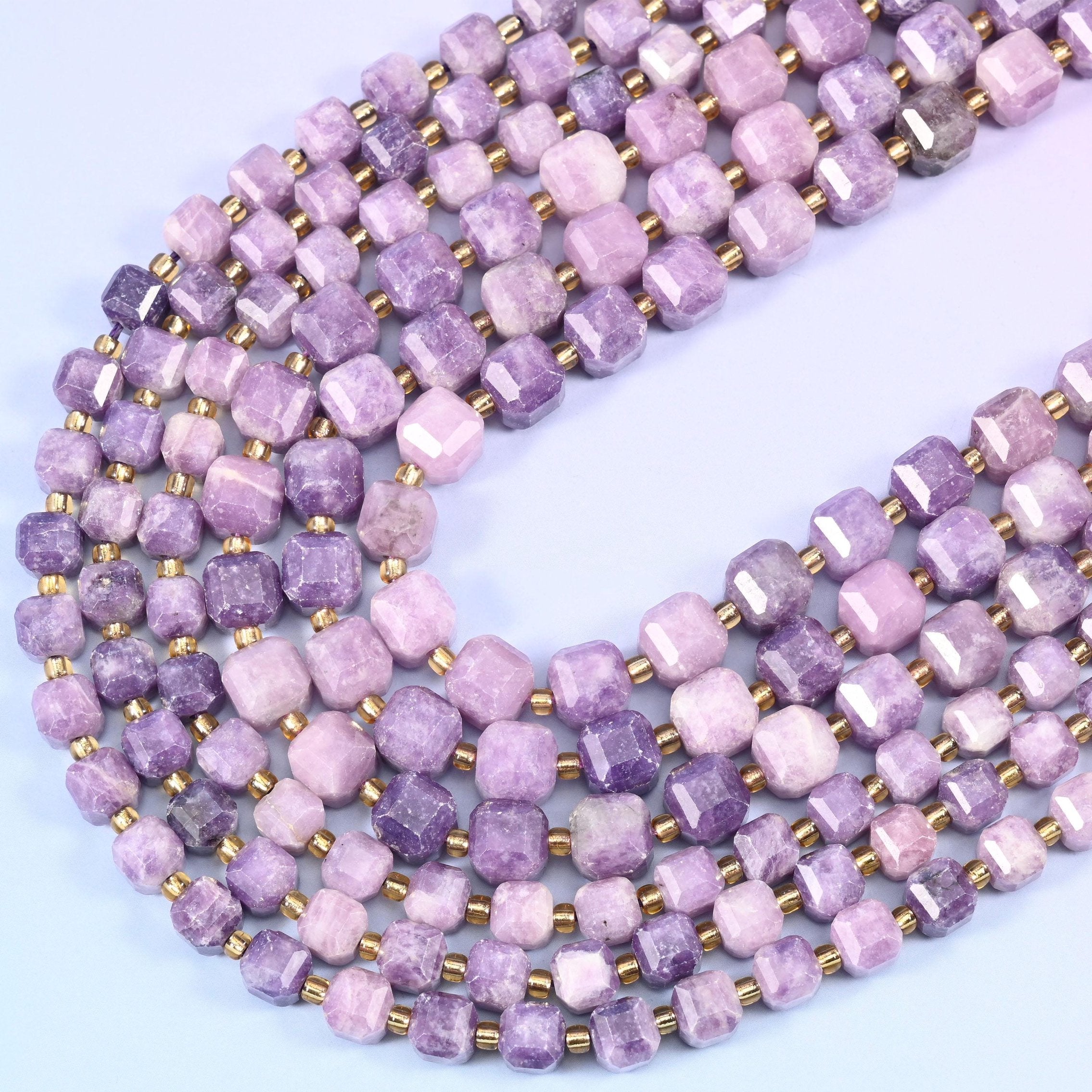 Faceted cube cut Lepidolite beads