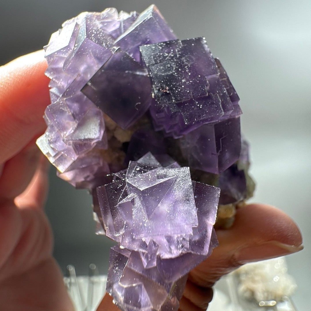 Side profile of the piece, purple cubes crowning a thin band of cream-coloured host rock