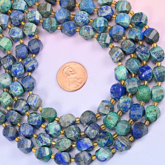 Phoenix Lapis lapis lazuli beads, 10mm faceted spiral twist beads on a full 15 inch strand
