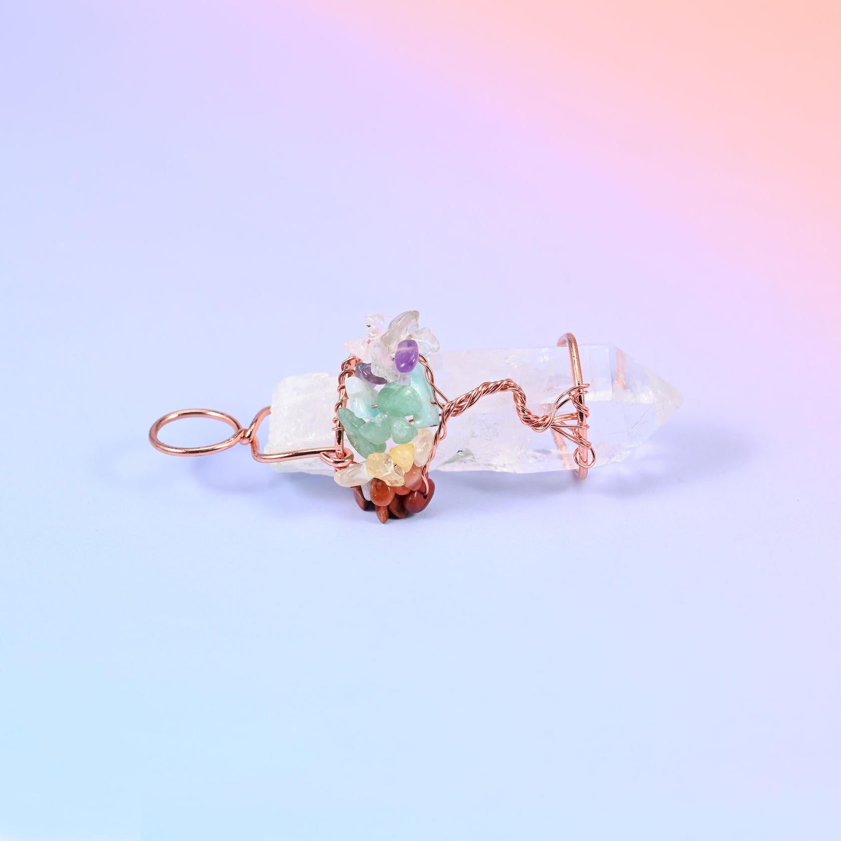 Clear Quartz Single Point Tower Pendant with Copper Wired Tree of Life, gemstone chip cluster