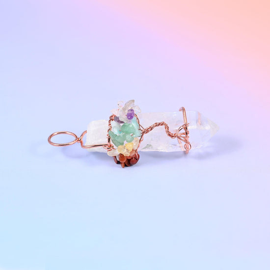Clear Quartz Single Point Tower Pendant with Copper Wired Tree of Life, gemstone chip cluster