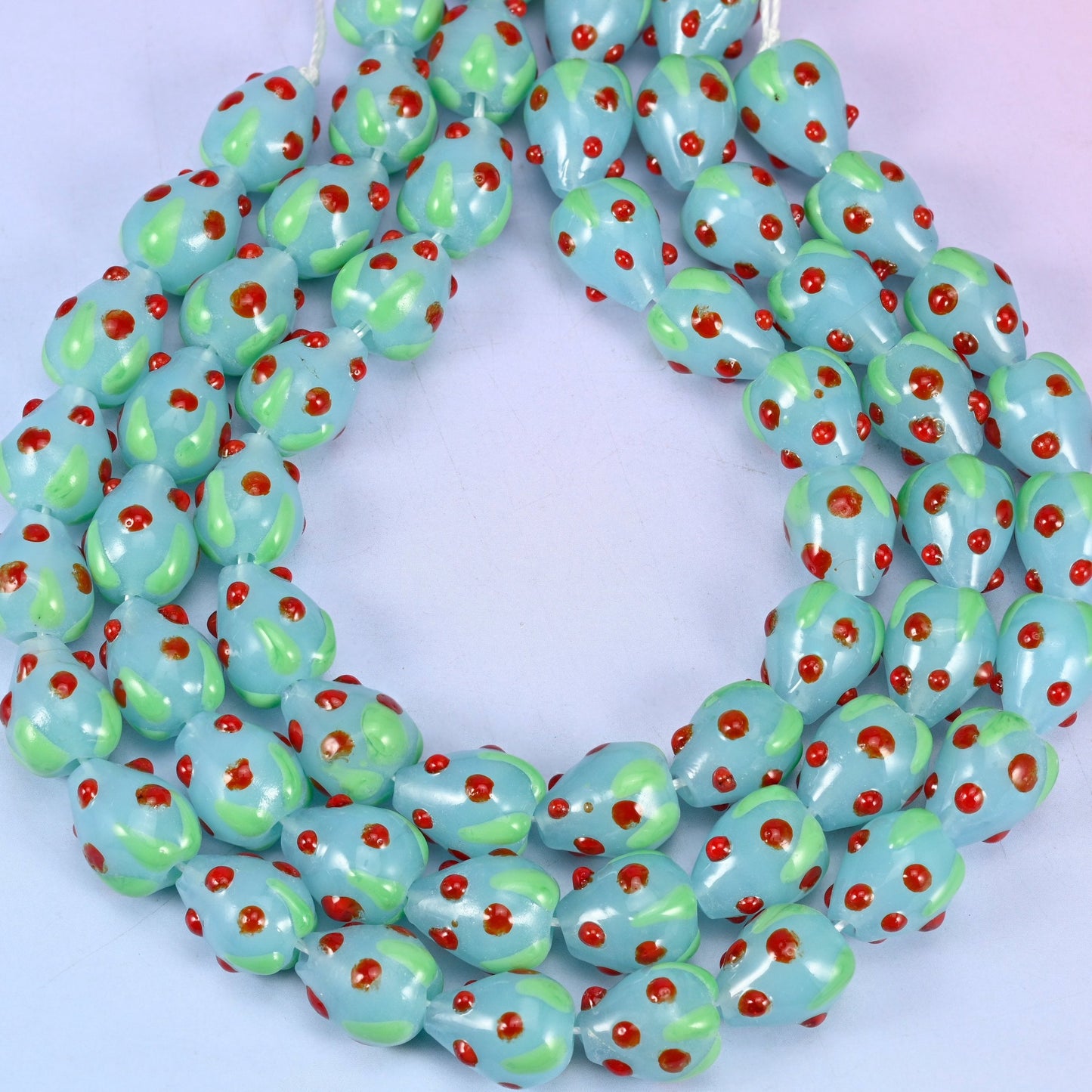 Light Blue Red Dots Strawberry Glass Beads, hole approximately 1.5mm