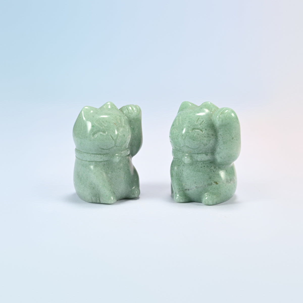 Two natural green aventurine waving cat crystal carvings, 1.8 inch