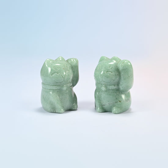 Two natural green aventurine waving cat crystal carvings, 1.8 inch