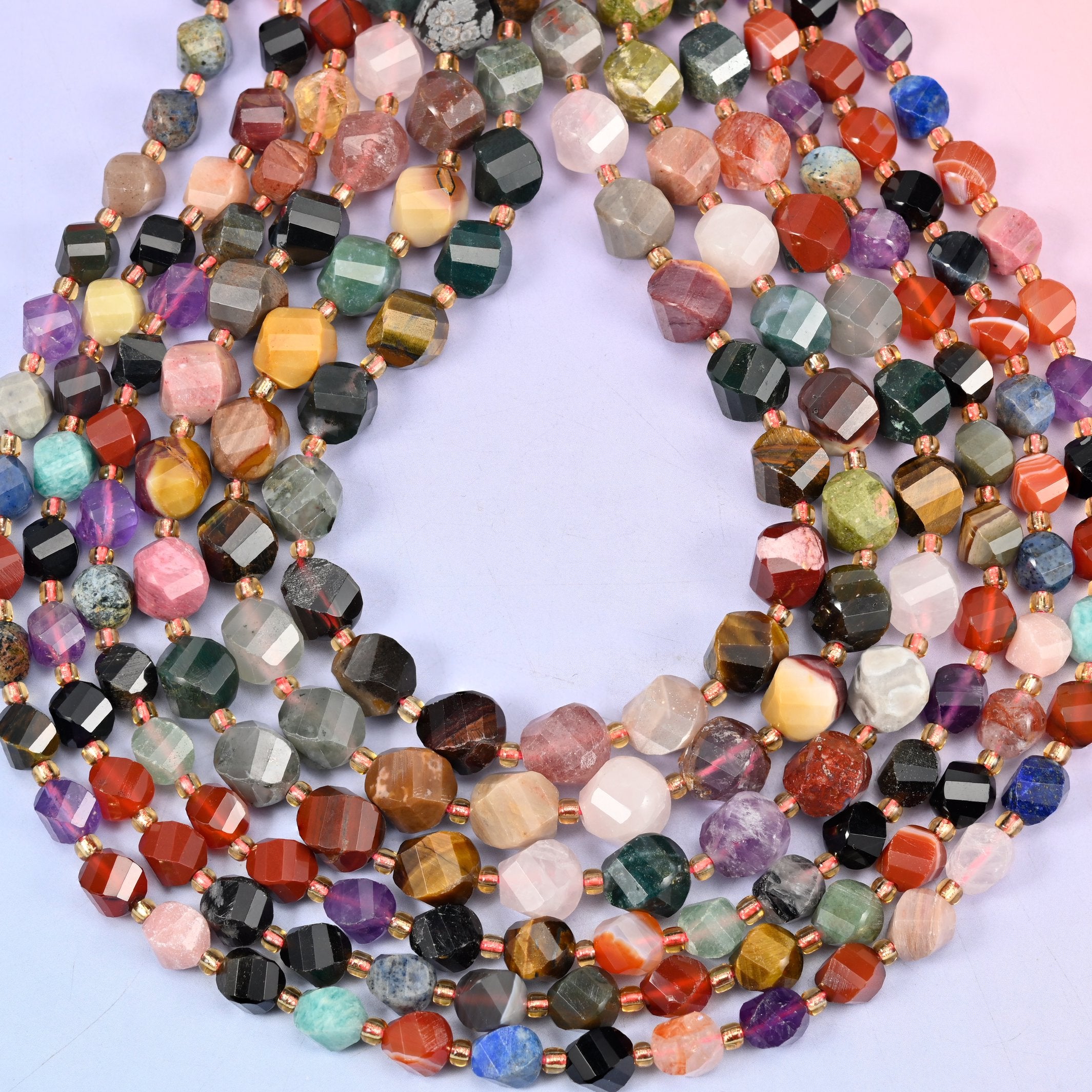 Assorted Gemstone Faceted Spiral Twist Beads: Size 8mm 10mm, Jewelry Making, 15 inch Strand