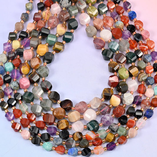 Assorted Gemstone Faceted Spiral Twist Beads: Size 8mm 10mm, Jewelry Making, 15 inch Strand