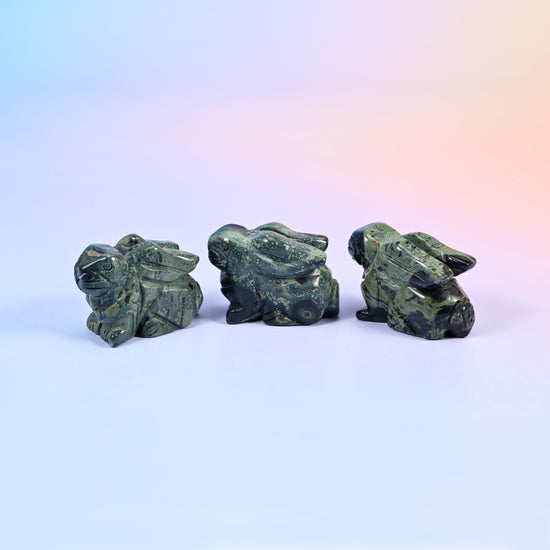 Polished gemstone rabbit carving, 1.5 inch display piece for shelf, desk or pocket keepsake