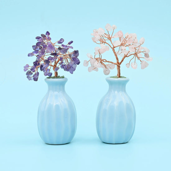 Blue Flower Ceramic Pot Gemstone Tree, approximately 5 inches tall and 1.5 inches wide.