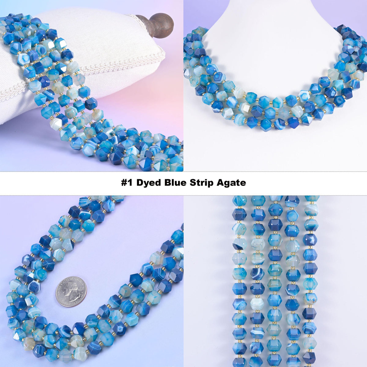 Faceted 8 sides diamond rhombus beads in dyed blue strip agate, option 1 shown in four views with a cushion, a neck display and a US quarter.