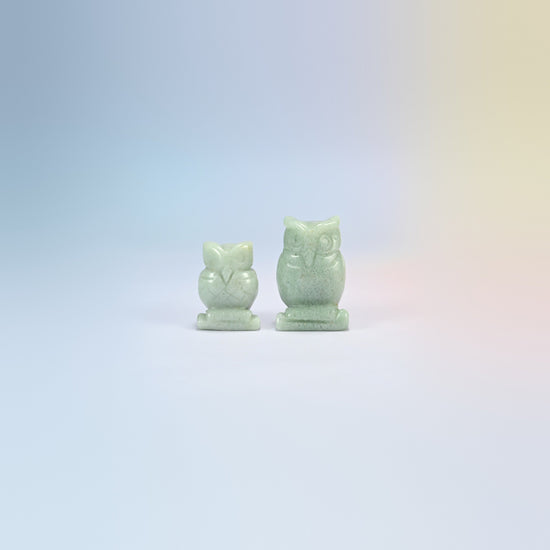 Owl crystal carving in green aventurine, soft green natural stone