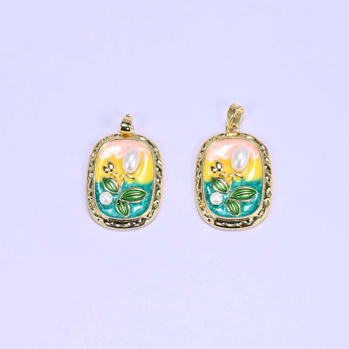 18K gold plated brass tulip charm, ornate rectangular frame