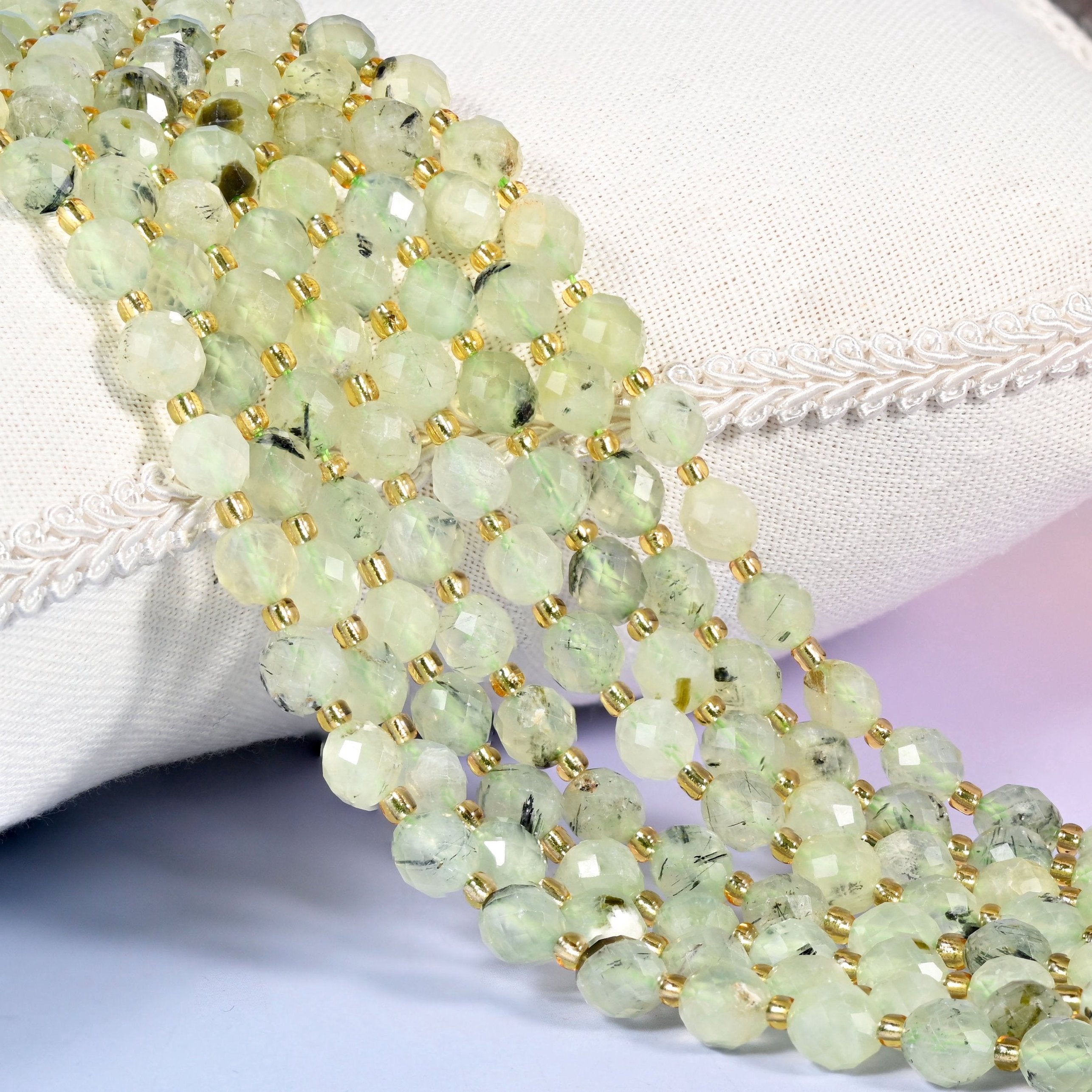 Prehnite Faceted Rice Barrel Beads 6x8mm