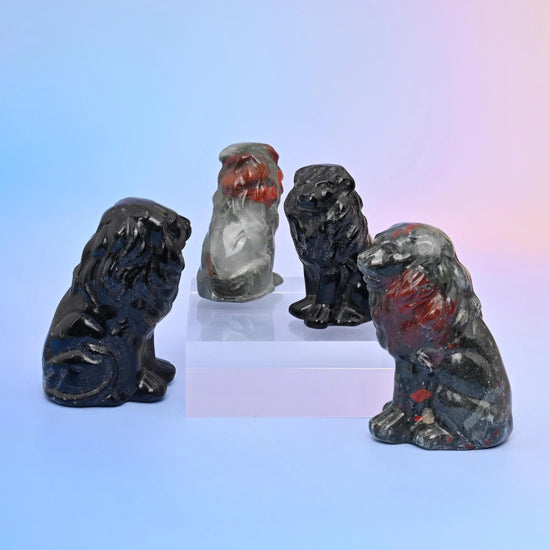 Lion Crystal Carving in sage green aventurine, red jasper, grey labradorite and ocean jasper.