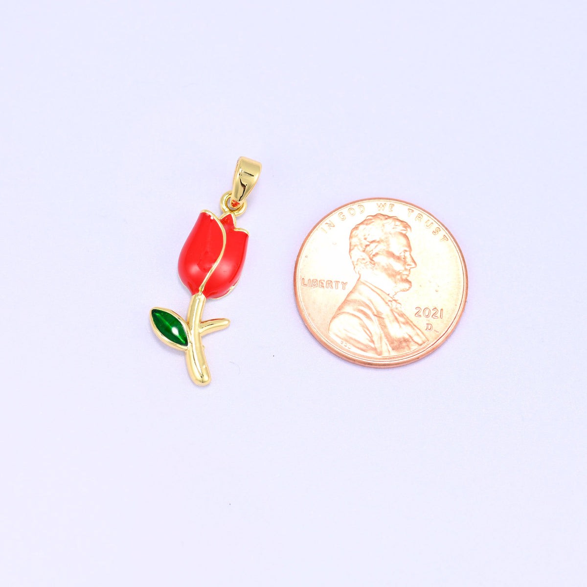 Enamel tulip charms, single red 18K gold plated flower pendant measuring 22.08 x 8.60mm