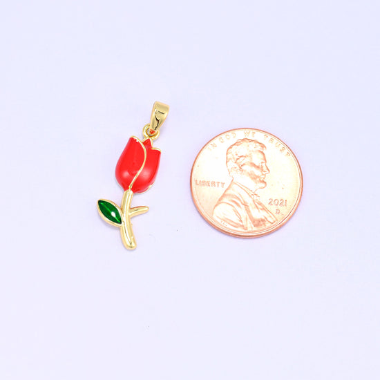Enamel tulip charms, single red 18K gold plated flower pendant measuring 22.08 x 8.60mm