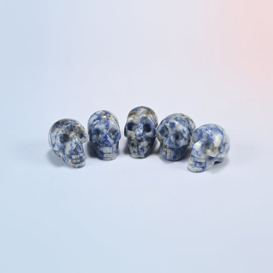 1 inch skull crystal carving in blue spot jasper, white natural stone with blue spots