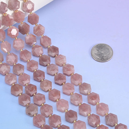 Flat faceted cut Strawberry Jade beads for jewelry making.