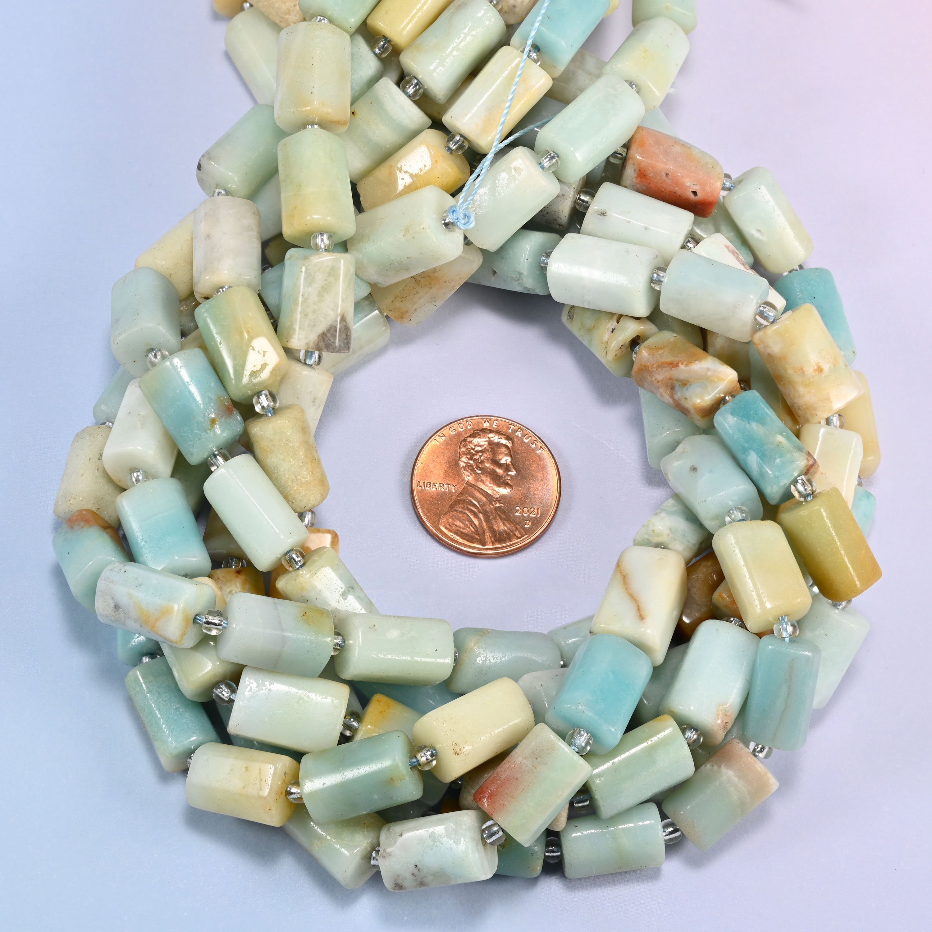 Multi-Color Amazonite faceted tube beads coiled flat, 12x8mm natural stone tubes on a 15.5 inch strand