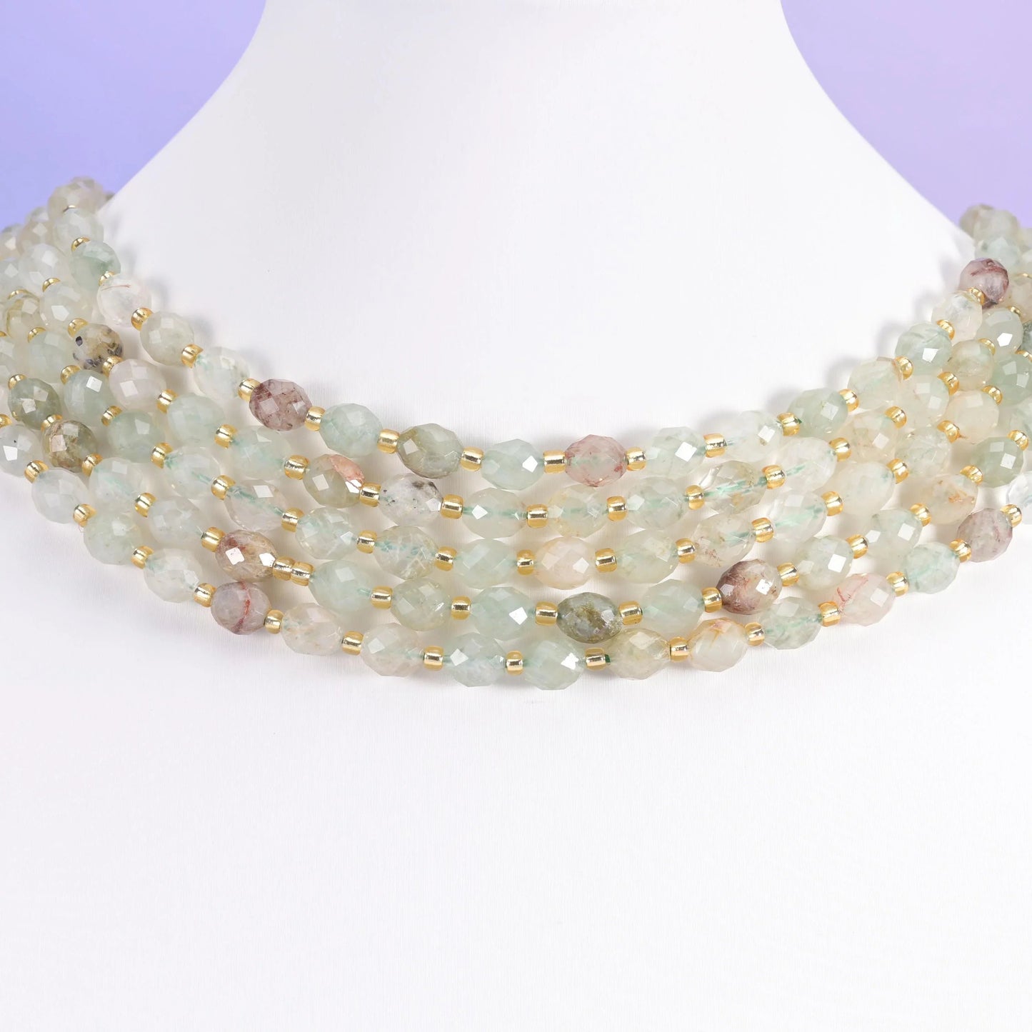 Green Rutilated Quartz beads, faceted rice barrel, 6x8mm