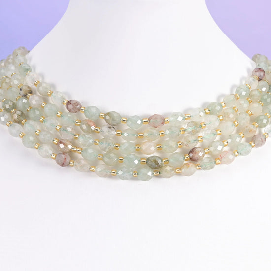 Green Rutilated Quartz beads, faceted rice barrel, 6x8mm