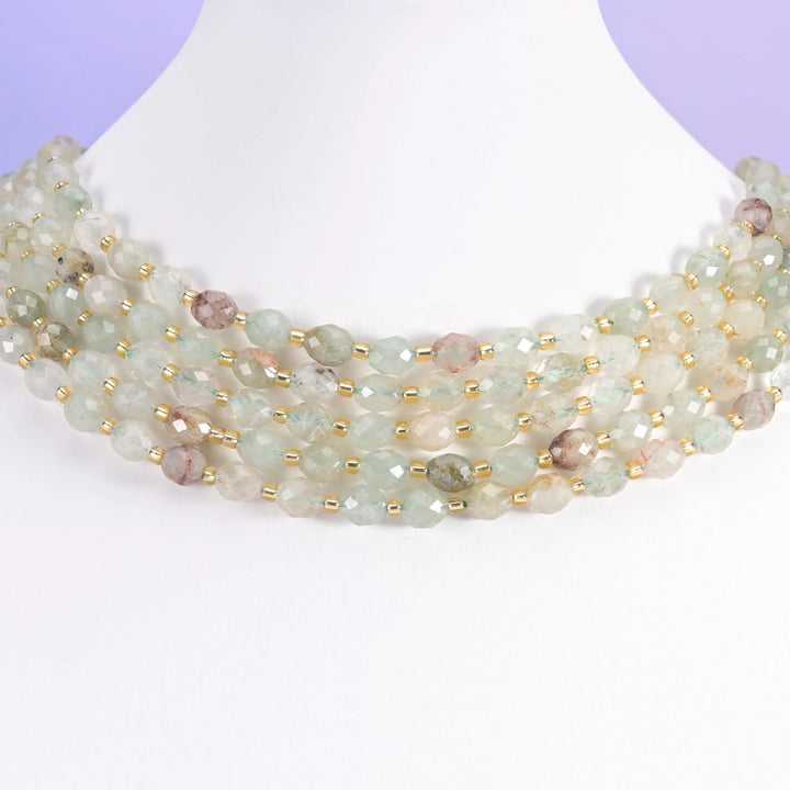 Green Rutilated Quartz beads, faceted rice barrel, 6x8mm